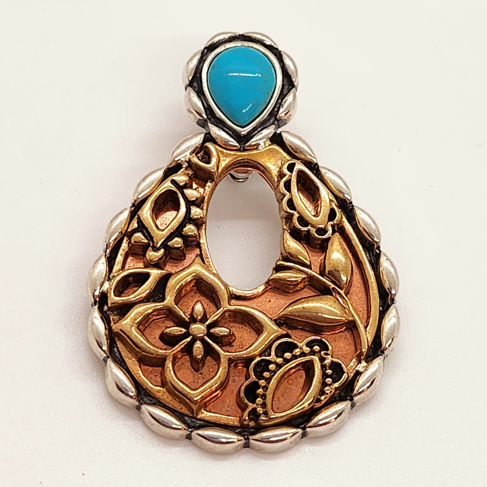 Carolyn Pollack Mixed Metal Sterling Copper Turquoise Flower Pendant Enhancer - Picture 1 of 7